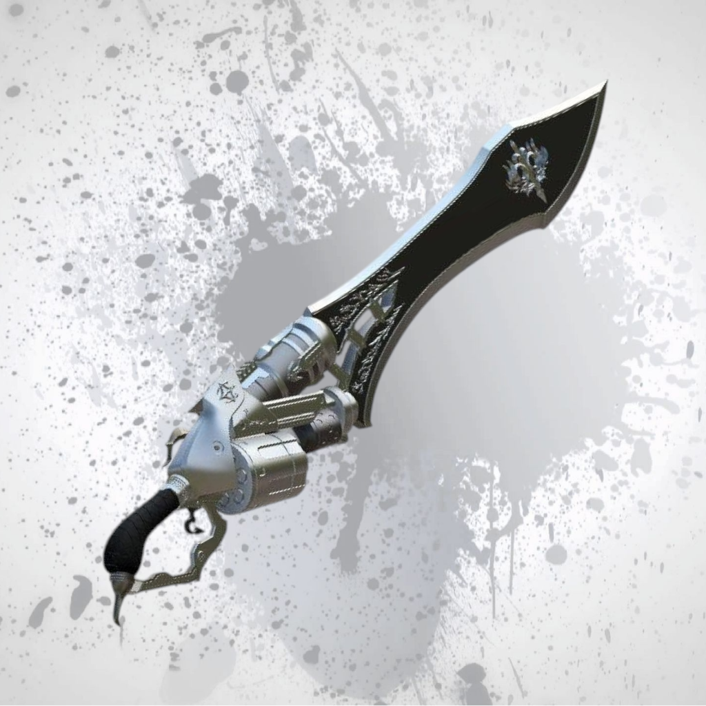 Decorative sword with intricate designs on a gray background