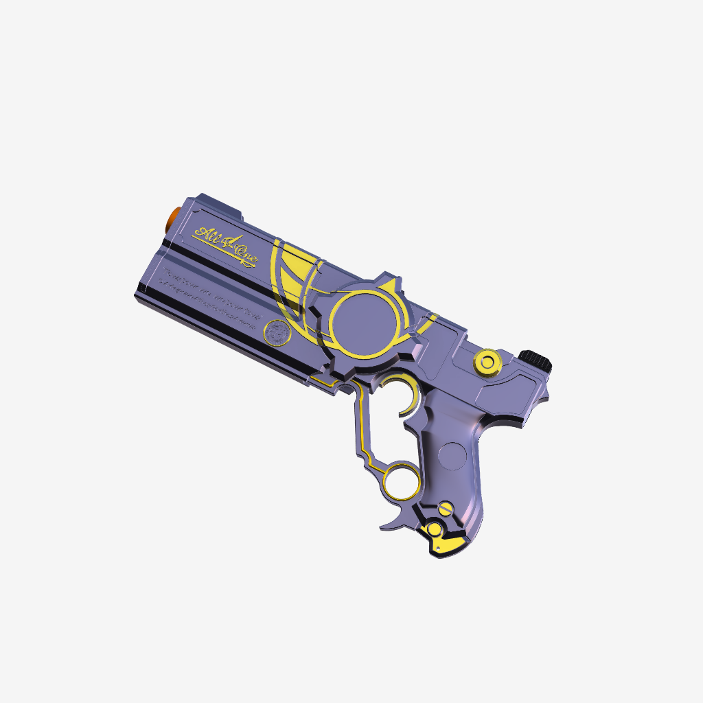 Toy gun with purple and yellow design on a white background