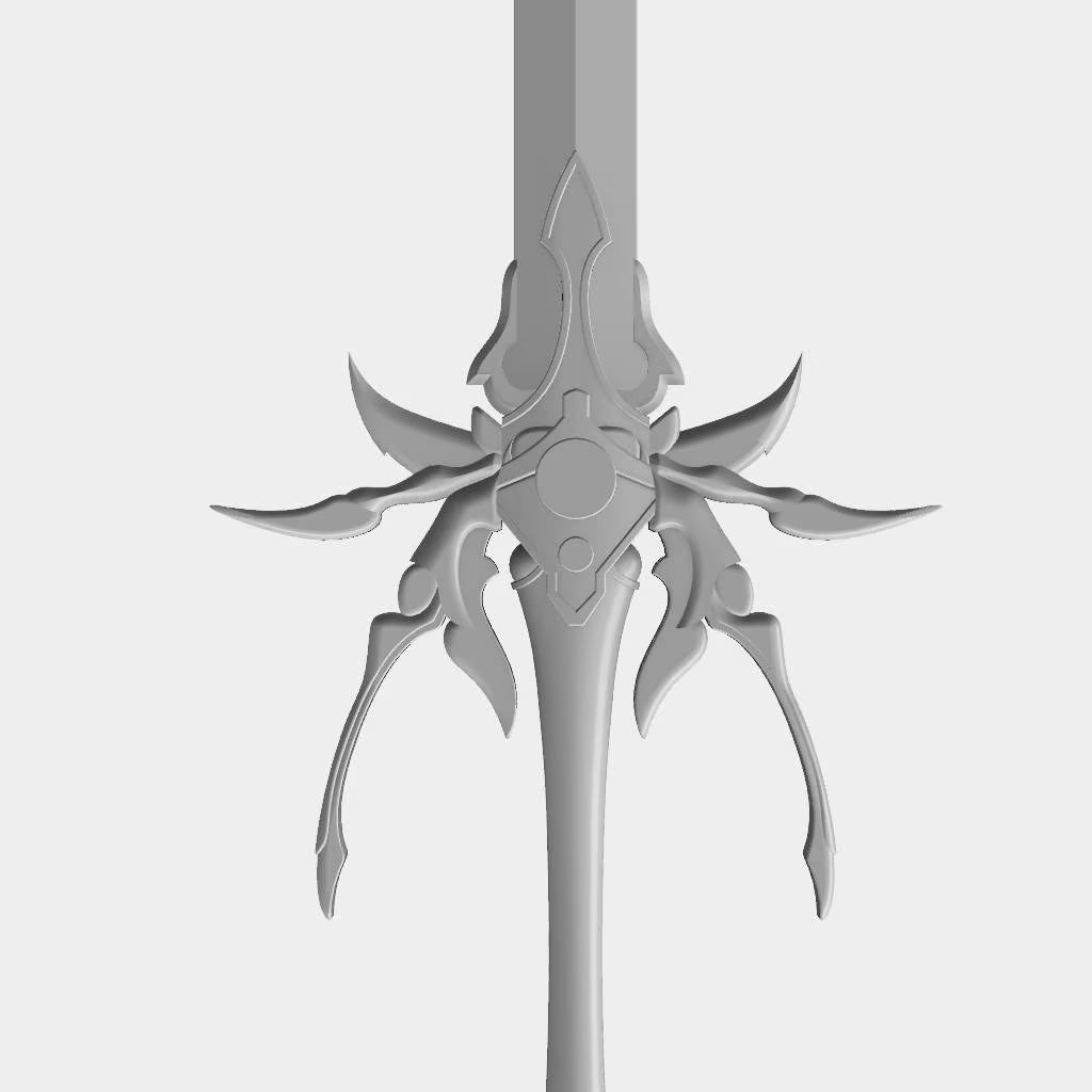 Decorative silver weapon with intricate design on a light gray background
