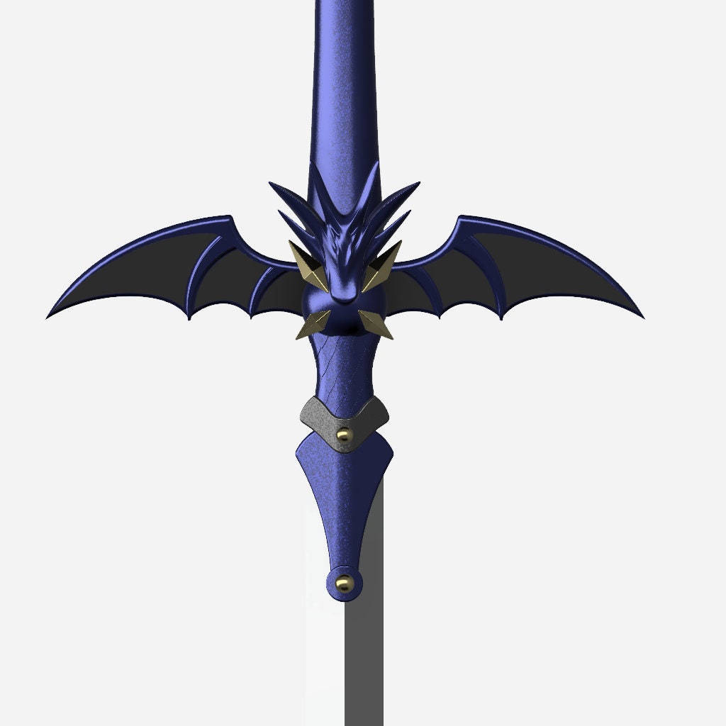 Blue sword with bat-like wings on a white background
